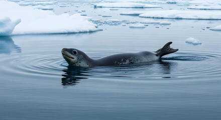 Leopard Seal Relaxing In The Frigid Waters Of Antarctica Near Icebergs