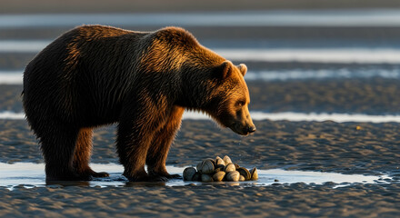 Magnificent Coastal Brown Bear Foraging For Shellfish at Sunset