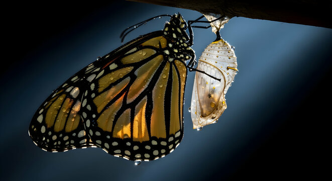 Newly Emerged Monarch Butterfly beside its Chrysalis Pupa Hanging On Branch