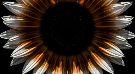 Dramatic Sunflower Close Up with White and Brown Petals On Black Background