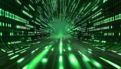 Digital tunnel with glowing green data streams.