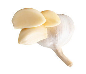 Top view of fresh white garlic bulbs with peeled garlic clove or pieces in stack isolated with clipping path in png file format