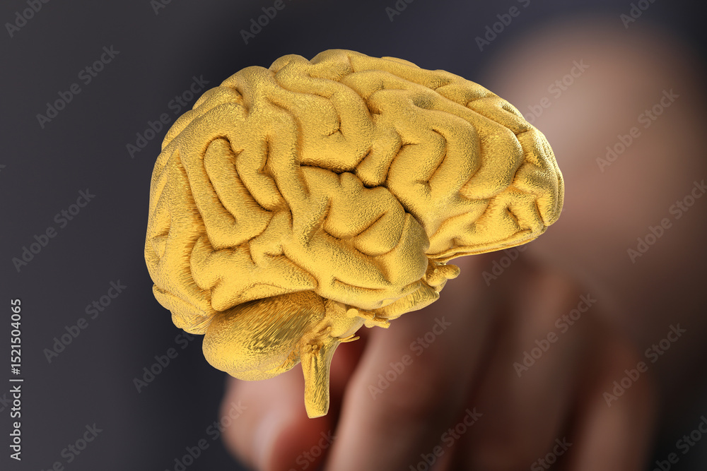 Poster 3d rendering of a golden human brain. concept for intelligence, intellect, and neurology.