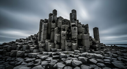 Dramatic Basalt Columns Rise Against Moody Sky In Coastal Landscape