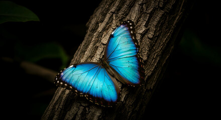 Majestic Morpho Butterfly Displaying On A Rough Textured Tree Trunk