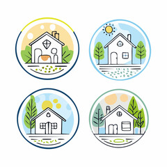 Vector set of abstract logo design templates in simple linear style - cozy home emblems, houses and plants stay at home - symbols for social media stories highlights and posts for interior stores