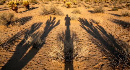 Solitary Figure Casting Shadows In Arid Desert Landscape At Sunset