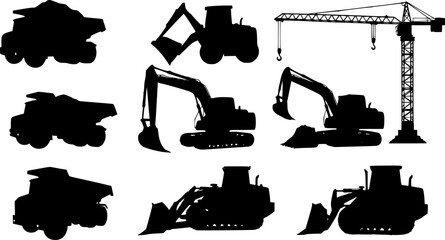 Set of silhouette of heavy construction vehicle. black and white icon truck. vector vset

