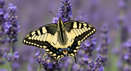 Swallowtail Butterfly Enjoying Nectar From Lavender Flowers During Summer Bloom