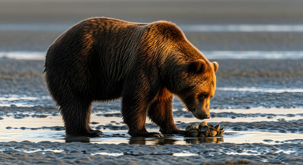 Grizzly Bear Searching for Food Near Ocean Shoreline at Sunset