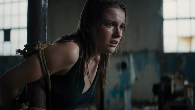 A woman appears distressed and restrained in an abandoned industrial setting, conveying a sense of urgency and survival amidst a gritty background - females tied up