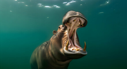 Underwater Encounter With A Yawning Hippopotamus In Murky River Water