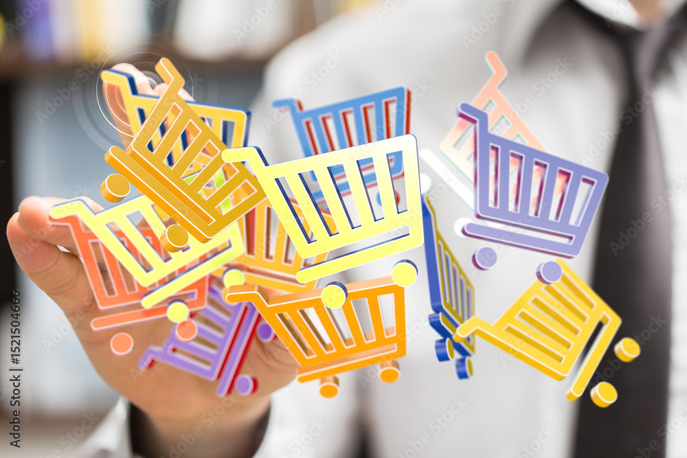 Poster colorful shopping cart icons in 3d, floating above a hand. e-commerce concept.