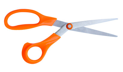 Medium open multipurpose scissors with orange handle in vertical isolated on white background with clipping path