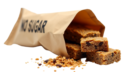 Crunchy granola bars in kraft pouch showcasing no sugar label for healthy snacking options
