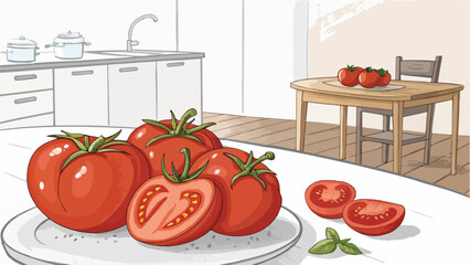 Kitchen Setting with a Single Red Tomato on a Table