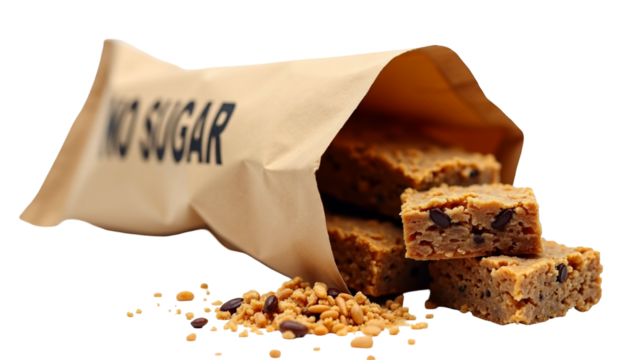 Crunchy granola bars in kraft pouch showcasing no sugar label for healthy snacking options