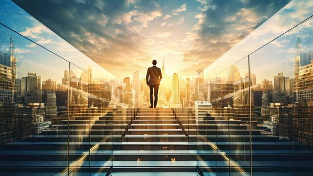 a modern businessman confidently climbs a staircase in the heart of a bustling city. copy space. determination, ambition, Business training, personal growth, leadership, success concept.