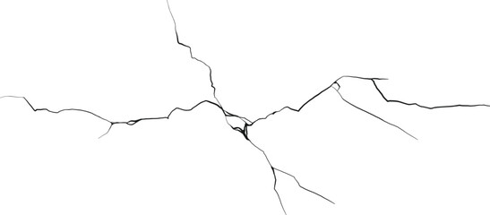 Cracked wall. Damage surface crack and fissure in ground, concrete, crevices from disaster silhouette breaks on land surface from earthquake isolated on white background. Broken ground