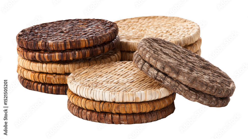 Poster different piles of round wicker coasters resting on a transparent background, highlighting the beaut