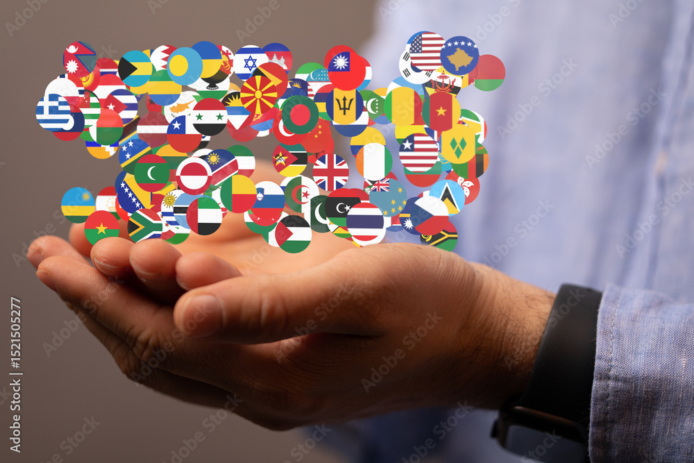 Poster Image of hands gently holding a collection of diverse national flags, symbolizing global unity and international relations.