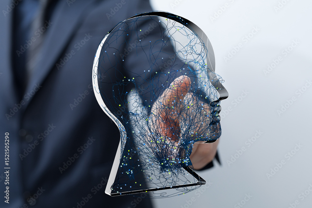 Poster abstract image of a businessman interacting with a digital brain network. concept for ai, technology