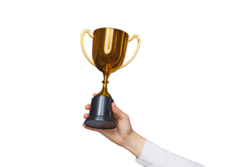 Hand holds and raised big cup trophy, holding cup against isolated on free png backgrund. Consolation prize award and victory concept.