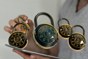 Image of combination locks on a tablet, symbolizing data security and online protection.