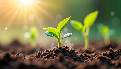 Plant sprout with roots close up sunlight