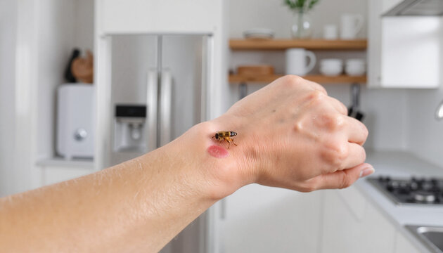 Insect sting on hand with swelling in modern kitchen setting  