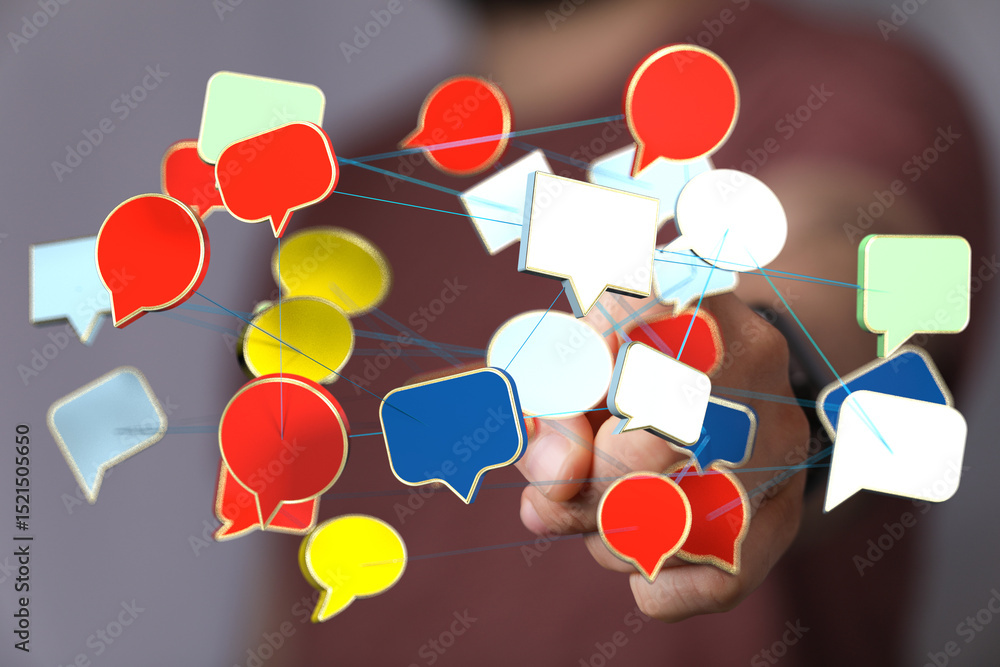 Poster abstract image of interconnected speech bubbles representing global communication and networking.
