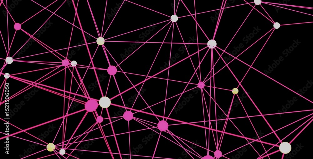 Poster pink lines connect colorful nodes on black background. network, technology, connection concept.