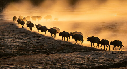 Fototapeta premium Cape Buffaloes Migrate Through Mist At Sunset In African Savannah