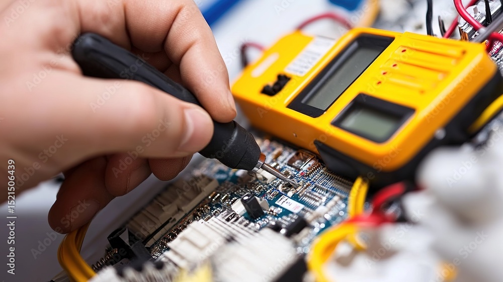 Aufkleber a hand uses a tool to work on a circuit board next to a digital multimeter.