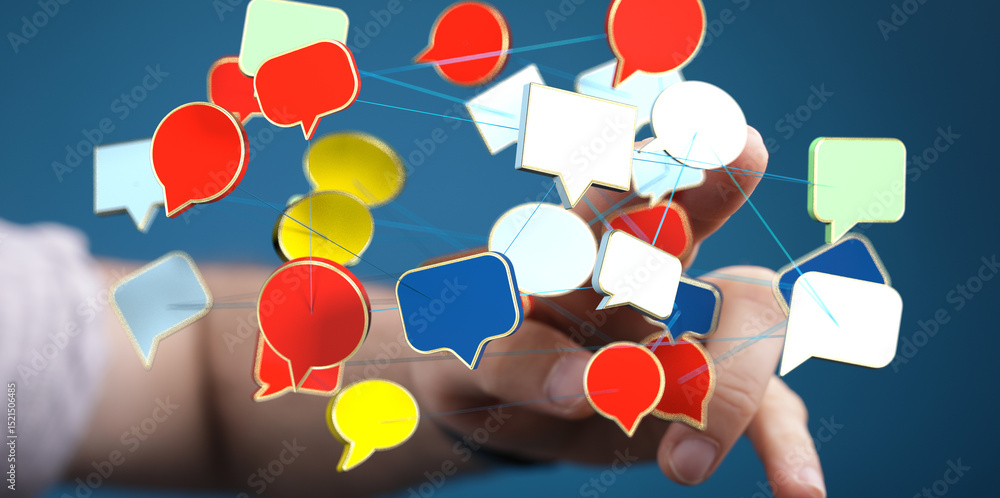 Poster abstract image of interconnected speech bubbles, representing global communication and networking.