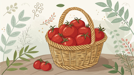 Tomato in Wicker Basket Vector Design with Natural Background