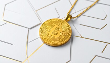 Luxurious Gold Bitcoin Pendant Necklace on Abstract White Background.