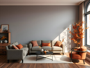 Retro style in beautiful living room interior with grey empty wall
