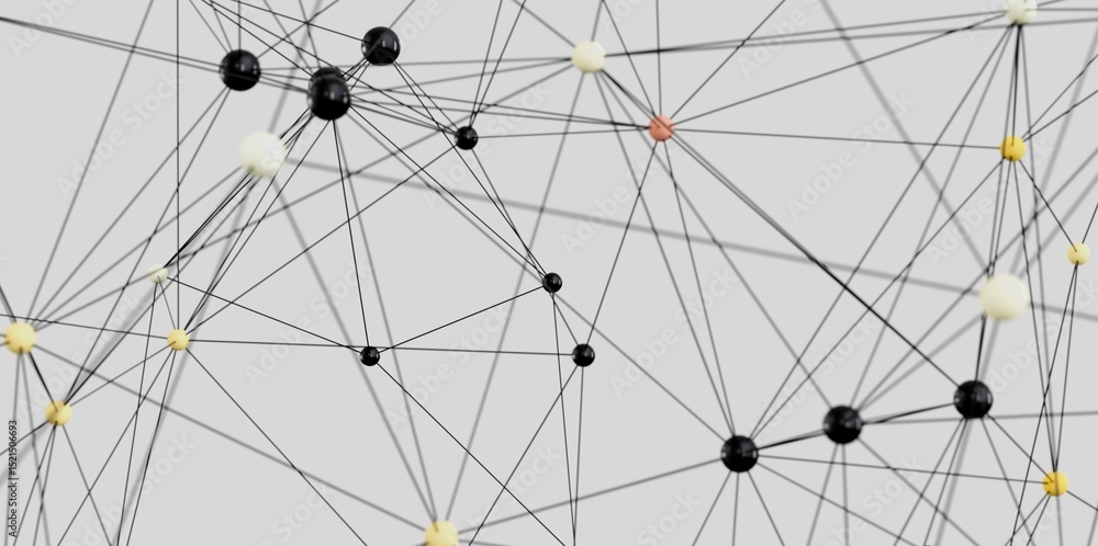 Poster abstract image of interconnected nodes, representing networks, connections, or data flow.