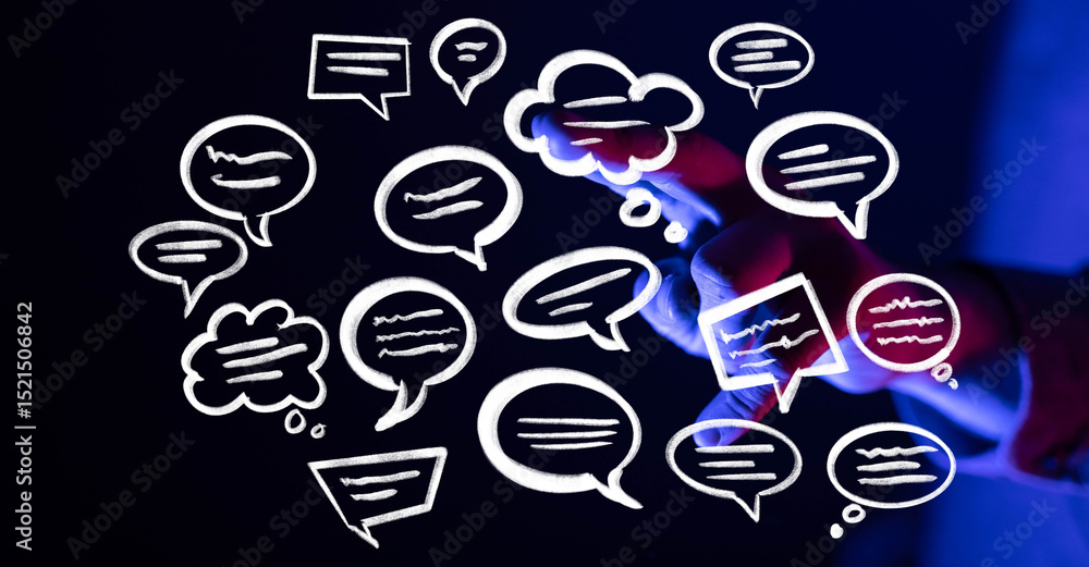 Poster abstract image of hand interacting with floating speech bubbles. concept for communication, social m