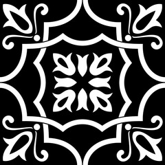 Black and White Mosaic Tile Isolated Vector Mediterranean Portuguese Azulejo Traditional Ceramic Spanish or Mexican Talavera Square Floral Ornament for Monochrome Logo Design