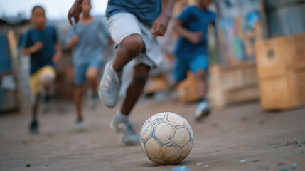 Fototapeta premium Kids Playing Street Soccer in an Alley with Crates as Goals