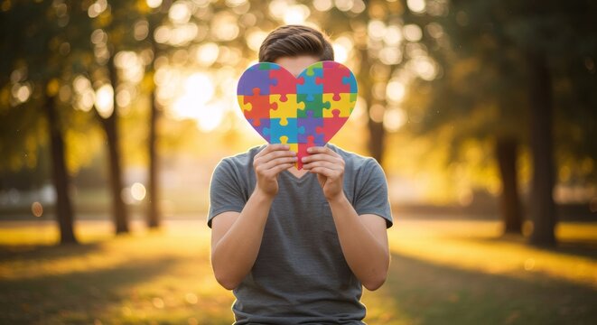 Man hiding face behind colorful jigsaw puzzle heart in park. World autism awareness day concept. Symbol of support and understanding.