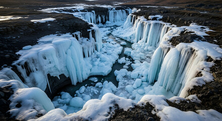 Majestic Frozen Waterfall In A Rugged Winter Landscape At High Angle