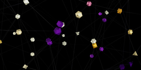 Colorful 3D cubes connected by lines, ideal for network, technology, or connection concepts.