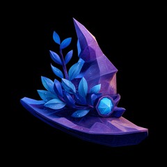 Fantasy witch hats with glowing blue crystals and magical leaves, vibrant purple and blue palette, ideal for game or book design