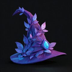 Fantasy witch hats with glowing blue crystals and magical leaves, vibrant purple and blue palette, ideal for game or book design