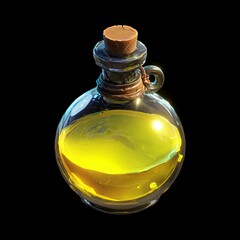 Glossy glass potion bottle filled with vibrant yellow liquid, warm highlights, dark background, perfect for game or fantasy projects