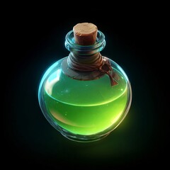 Glossy glass potion bottle filled with vibrant green liquid, warm highlights, dark background, perfect for game or fantasy projects