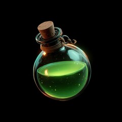 Glossy glass potion bottle filled with vibrant green liquid, warm highlights, dark background, perfect for game or fantasy projects